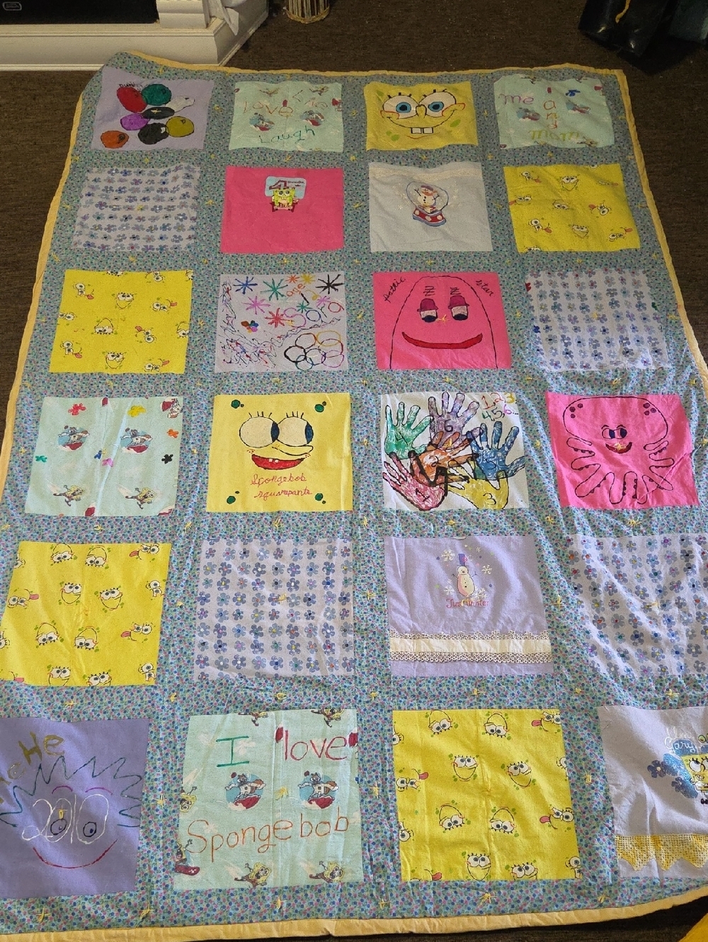 Handmade SpongeBob Patchwork Quilt Throw - Yellow Pink Multi